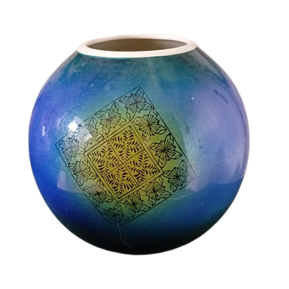 Vintage‎ Japanese Art Pottery Vase Blue Green Floral Medallion Signed Japan